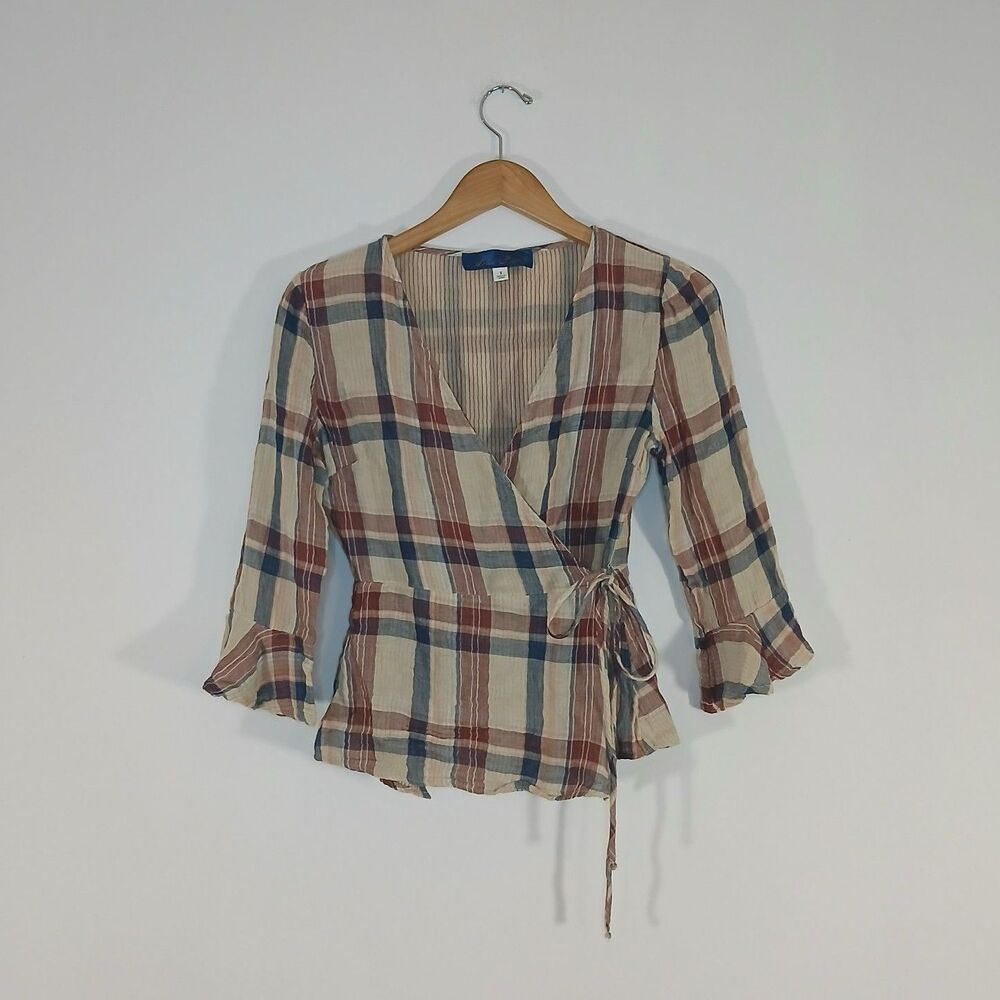 Blue Rain Plaid Wrap Tie Front Top Blouse Small Bell Sleeves Cottagecore Boho